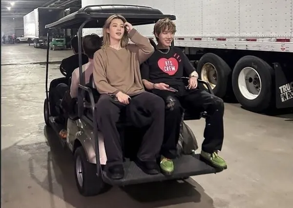 BTS V hitchhikes on RM's electric car backstage