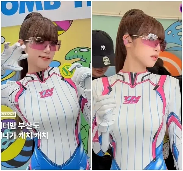 Choi Yena wins over fans with unconventional full-body racing suit at Waterbomb
