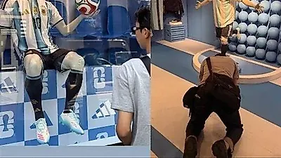 Lim Young-woong bows deeply to Lionel Messi mannequin in New York