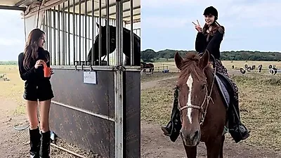 LIZ (IVE) mặc quần hoa mặc quần lửng đi cưỡi ngựa - phong cách bất cân xứng cũng là thời trang