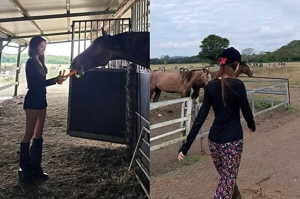 IVE LIZ, Fashionable with Floral Patterned 'Ilbaji' Pants While Horse Riding