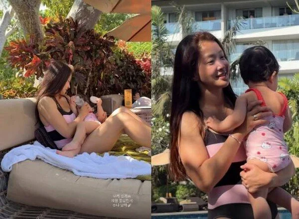 Lee Si-young shares candid parenting moments, feeding child formula while in swimwear