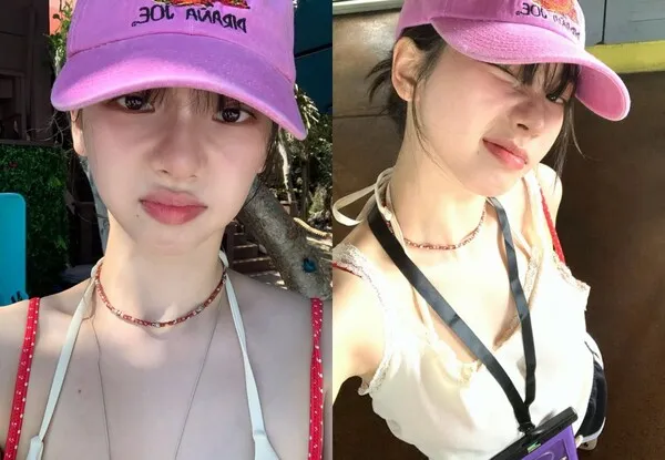 aespa Karina身着红色沙滩装，与小猪一同在海边散步